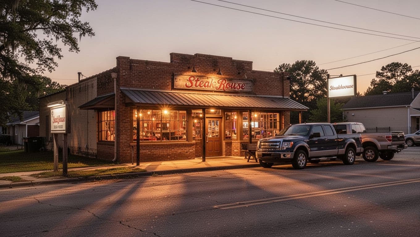 Cozy steakhouse facade with glowing windows, two parked trucks, Smiths Station sign; green band with 'Dining Scene' headline.