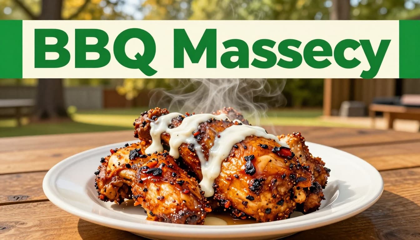 Smoked BBQ chicken topped with white sauce on a single plate in an Alabama backyard pit barbecue setting, centered with steam rising under warm golden hour lighting in realistic photo style, branded with bold 'BBQ Mastery' headline.