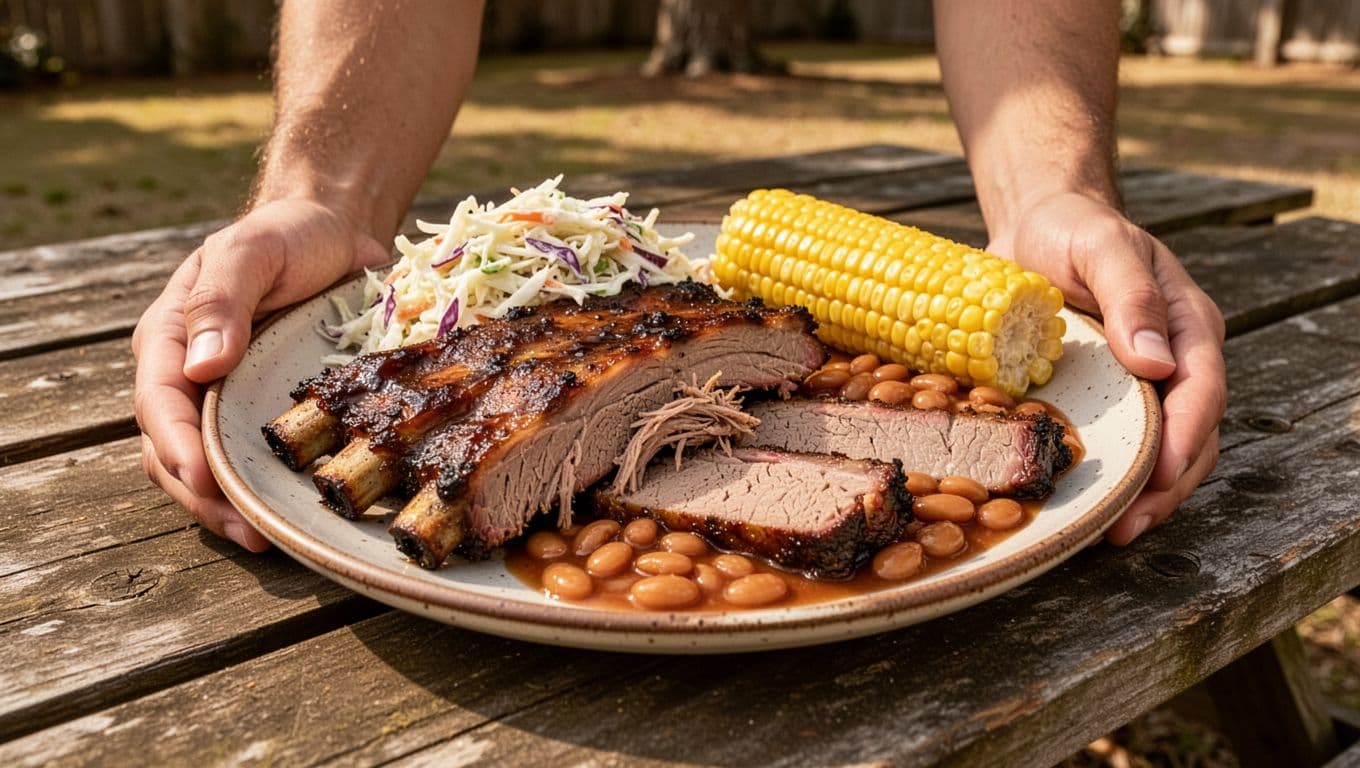 Plate of pulled pork, ribs, brisket, coleslaw, baked beans, and corn on cob on wooden picnic table outdoors, two relaxed hands visible.