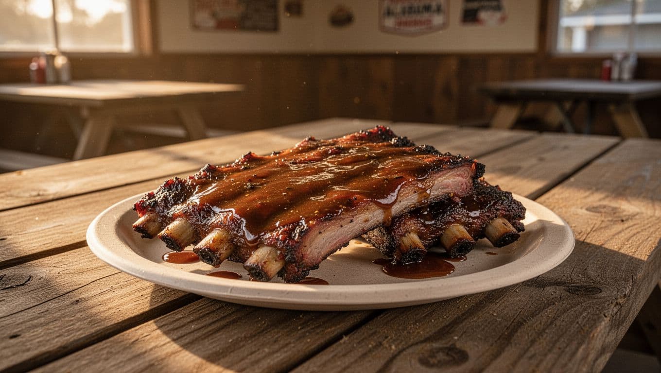 Saucy smoked BBQ ribs on wooden picnic table in cozy Alabama barbecue joint with top green 'BBQ Essential' banner.