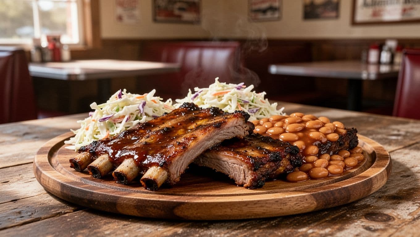 Wooden plate of smoked ribs, coleslaw, and baked beans on diner table with blurred background and green Top Pick BBQ banner.