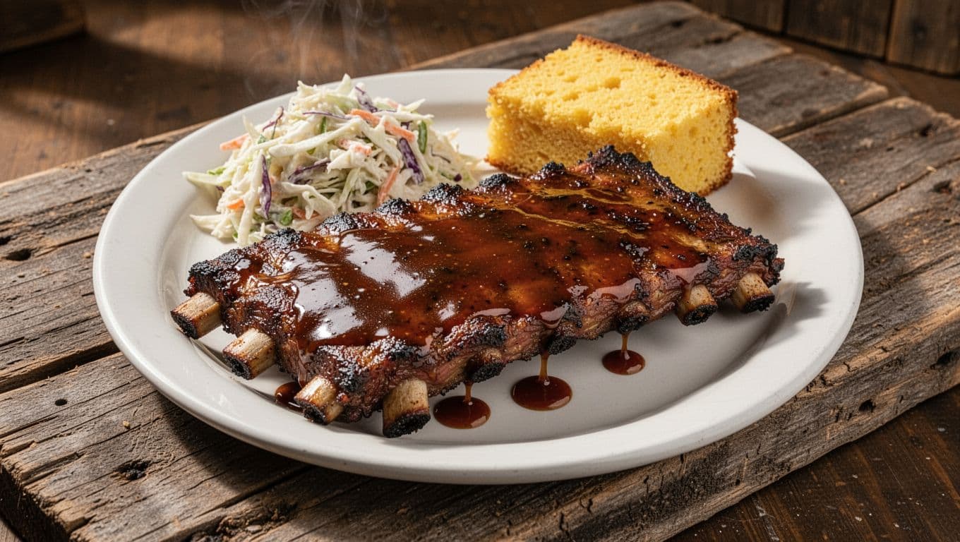 Close-up photorealistic image of a rack of smoked ribs glazed with dripping sauce on a white plate, beside coleslaw and cornbread in a rustic BBQ restaurant interior with appetizing warm tones and high detail on meat texture.