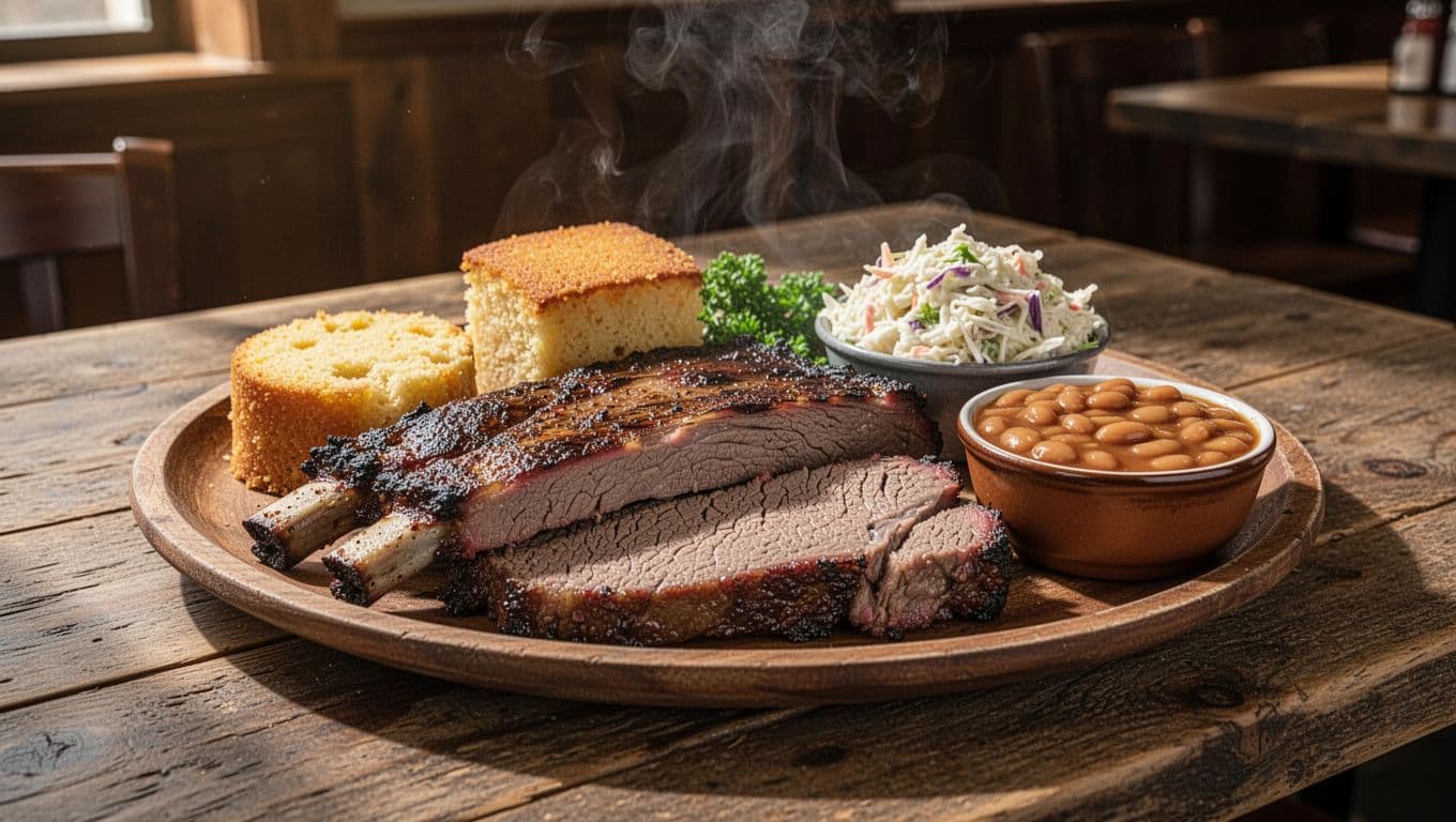 Smoked brisket platter with ribs, cornbread, coleslaw, and baked beans on wooden table in rustic BBQ interior, green 'BBQ Favorites' banner at top.