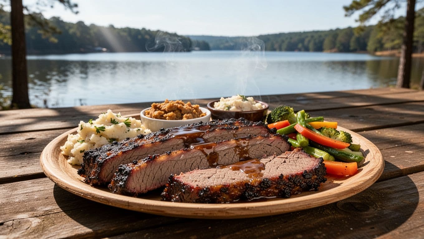 Smoked brisket platter with sides on picnic table outdoors near Lake Logan Martin, green 'BBQ Favorite' banner at top.