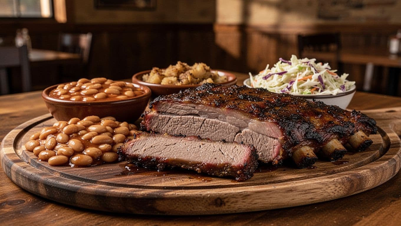 Smoked brisket and ribs on a wooden platter with baked beans and coleslaw in a cozy Southern BBQ restaurant interior, close-up composition with warm lighting and a bold 'BBQ Masters' headline band at the top.