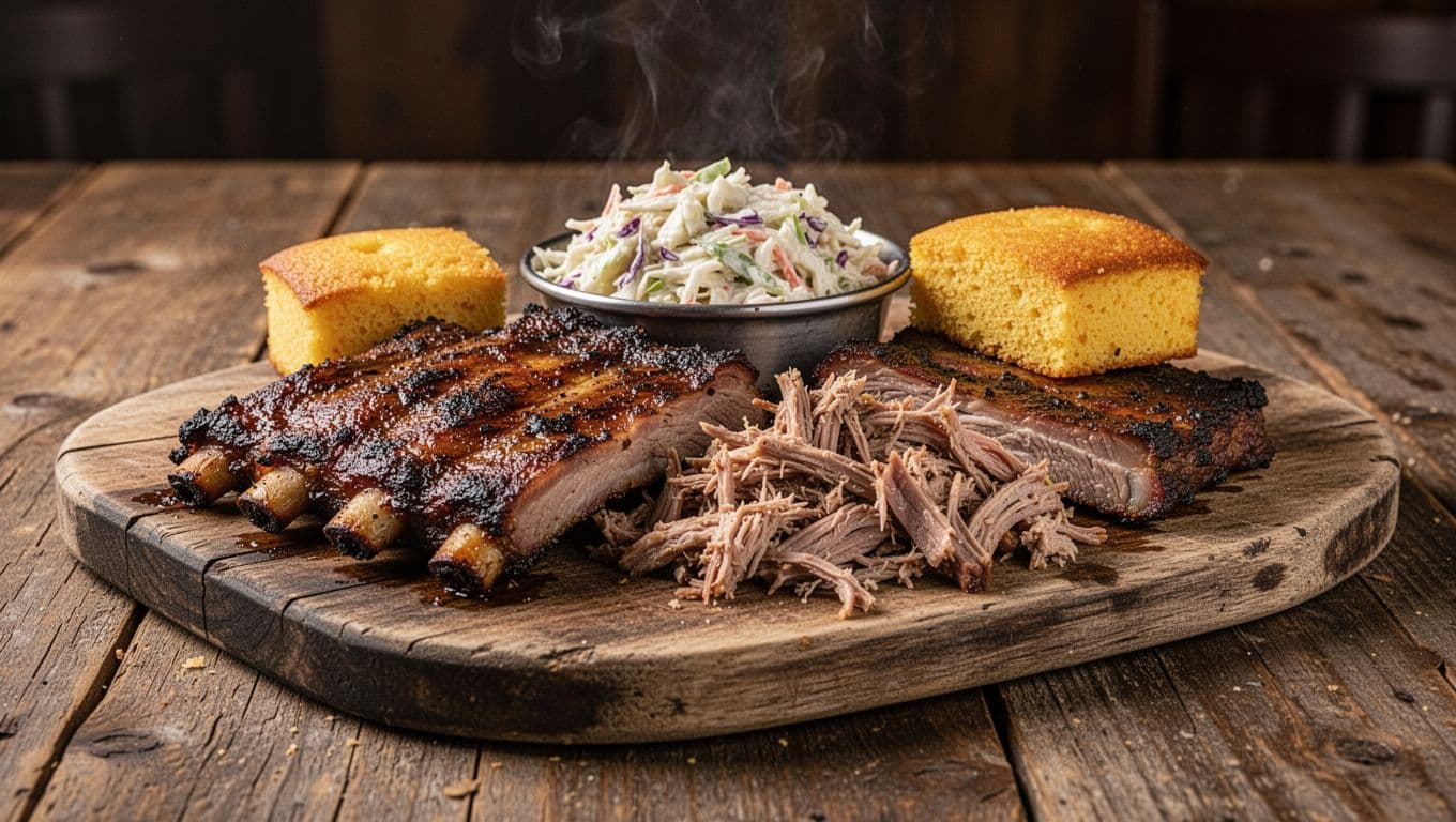 Platter of smoked ribs, pulled pork, coleslaw, and cornbread on wooden board in rustic barbecue interior with 'BBQ Favorites' headline band.