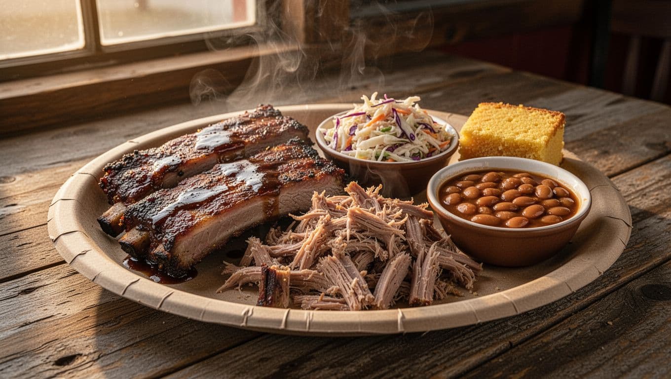 Paper plate piled with smoked St. Louis ribs, pulled pork, spicy coleslaw, baked beans, cornbread on rustic wooden table, green BBQ Standout banner at top.