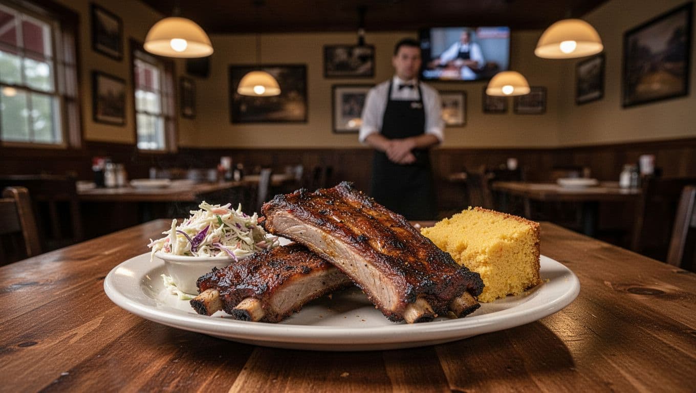 Smoked ribs with coleslaw and cornbread on a central plate in a cozy wooden rib shack under warm lights, green 'Ribs Ready' band at top.
