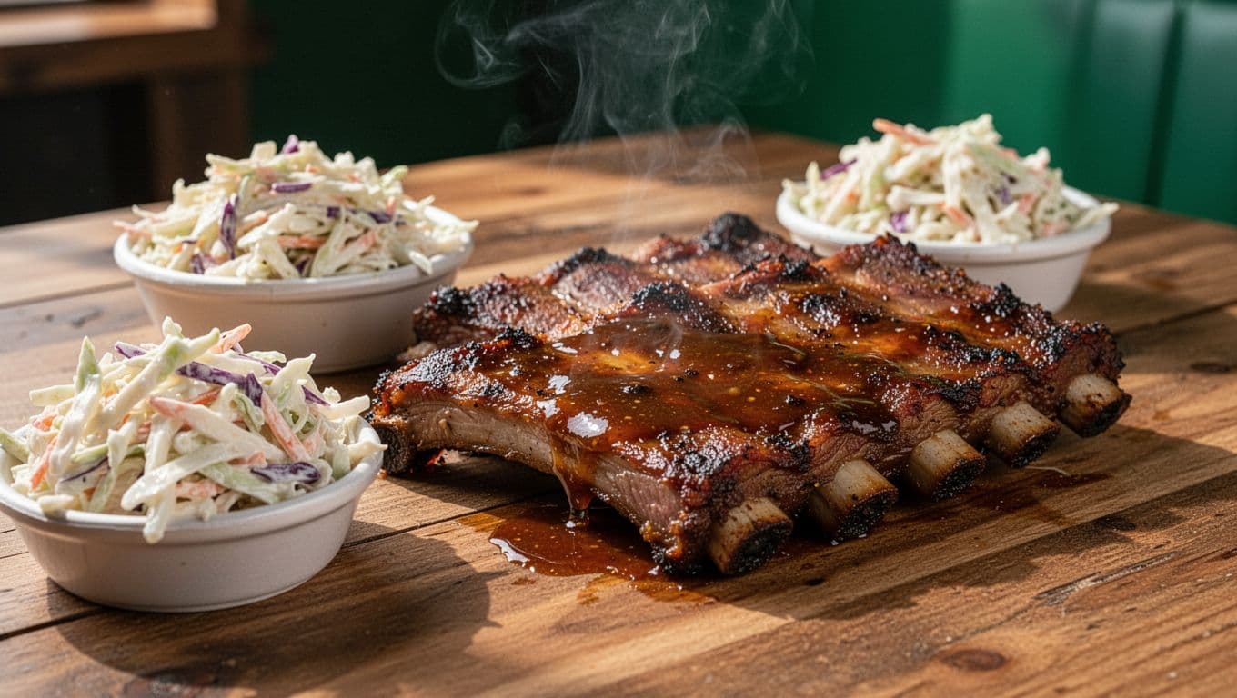 Close-up of smoky barbecue ribs platter with coleslaw and sauce on a wooden table in a casual BBQ joint, natural daylight lighting and high-detail food textures. Bold 'BBQ Favorites' headline in green band across the top.