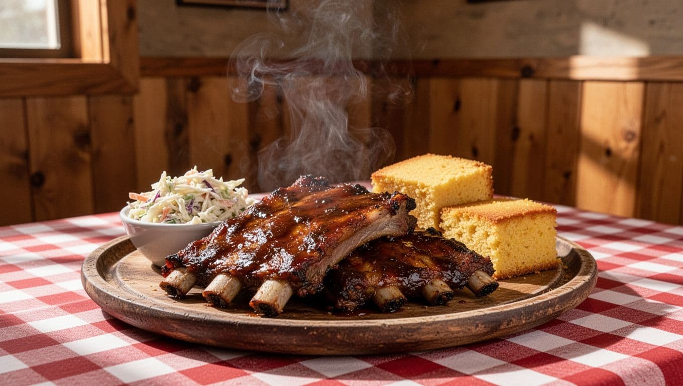Smoky BBQ ribs platter featuring coleslaw and cornbread as the focal subject in a casual Southern barbecue joint with checkered tablecloth and wood walls, captured in high-detail realistic food photography with steam rising and natural daylight.