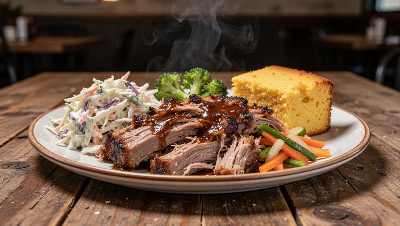 Photorealistic smoky pulled pork BBQ platter with coleslaw and cornbread on a rustic wooden table in a casual restaurant setting, centered medium shot with soft overhead lighting and bold 'BBQ Pick' headline.