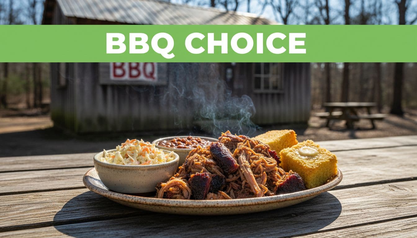 Plate of smoky pulled pork, coleslaw, baked beans, and cornbread on picnic table near rustic shack, green BBQ CHOICE band at top.