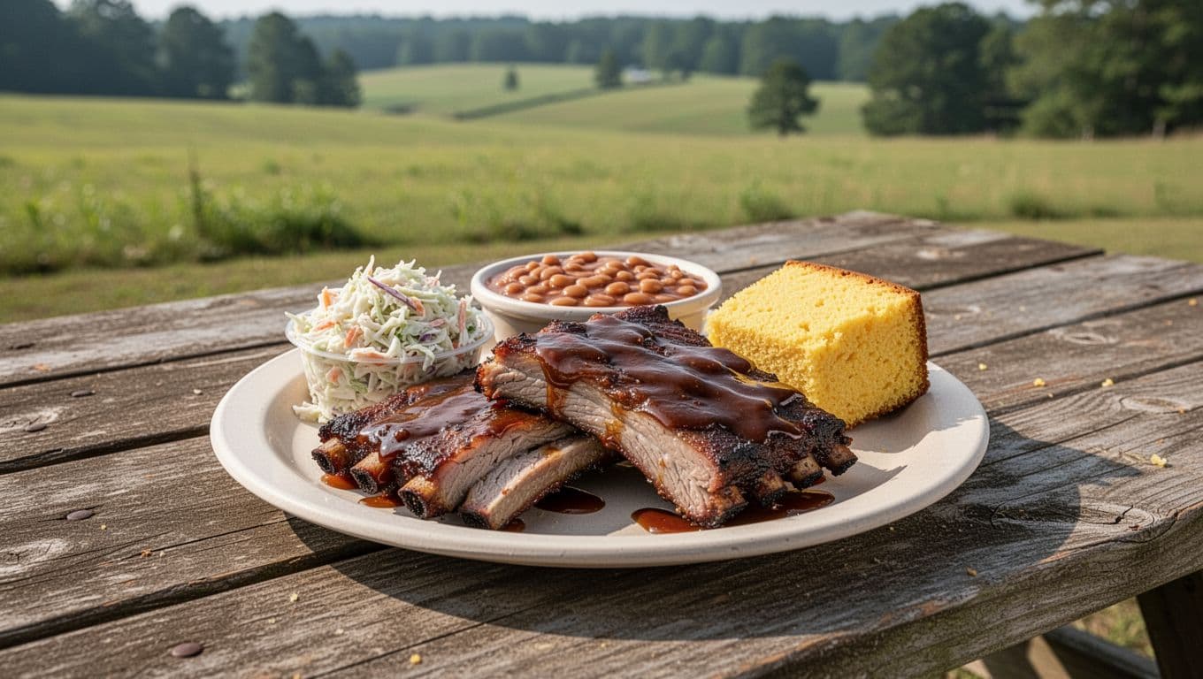 Plate of saucy smoked ribs with coleslaw, baked beans, cornbread on picnic table amid green fields, green 'Smoky Ribs' banner at top.