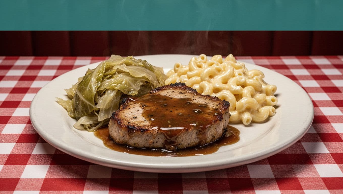 Plate of smothered pork chops, cabbage, and mac and cheese on checkered tablecloth in cozy diner, green 'COUNTRY FAVORITE' band at top.