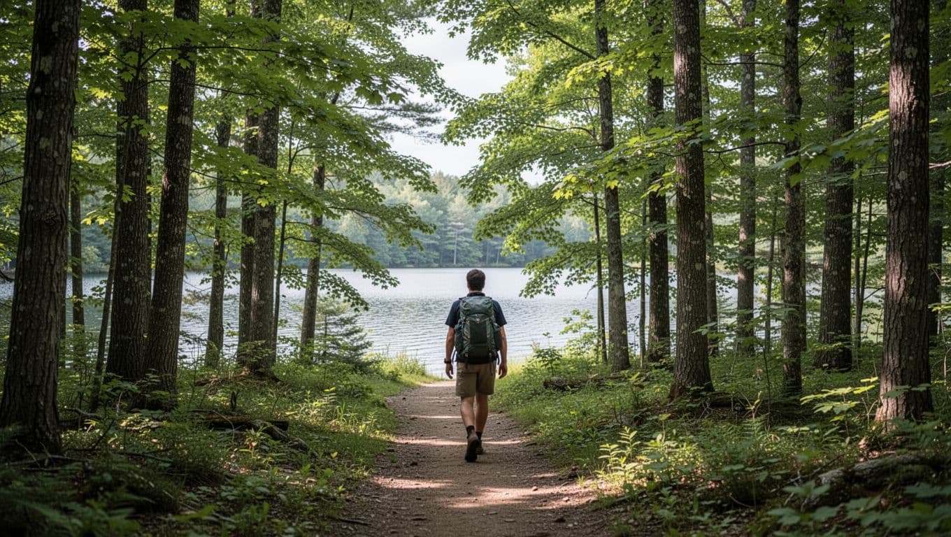 Solo hiker with backpack walks away on wooded trail near Lake Blackshear in Georgia State Park, lake glimpse through trees, vibrant greens under daylight canopy, realistic landscape photo with bold 'Trail Adventures' headline on green top band.