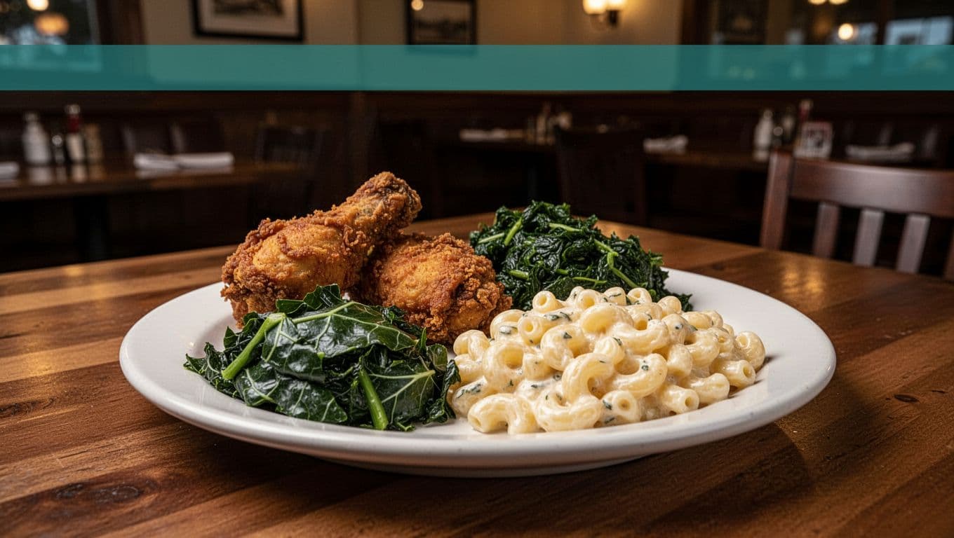 Plates of fried chicken, collards, and mac and cheese on table in Southern restaurant interior under green Soul Food header band.