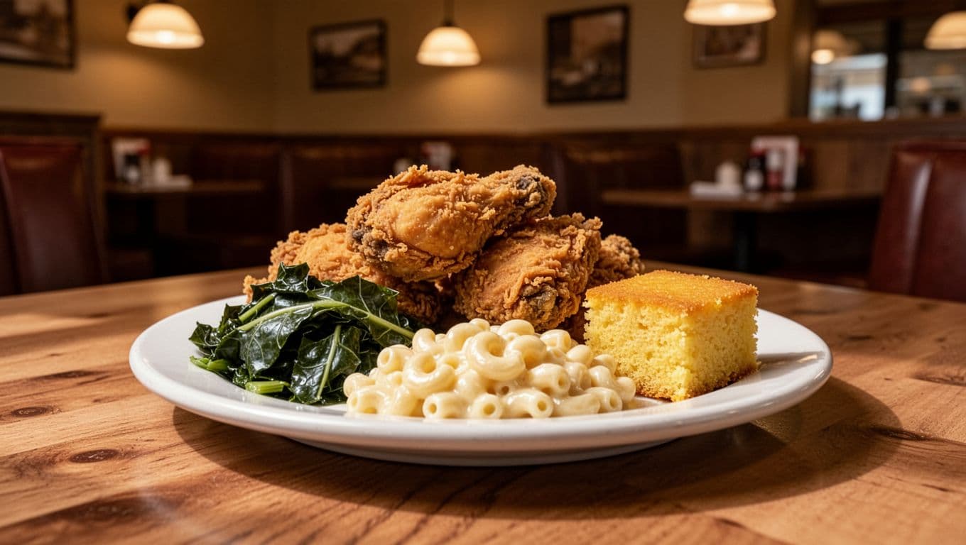 White plate of fried chicken, collard greens, mac and cheese, cornbread on wooden diner table with green top banner 'Soul Food Star'.