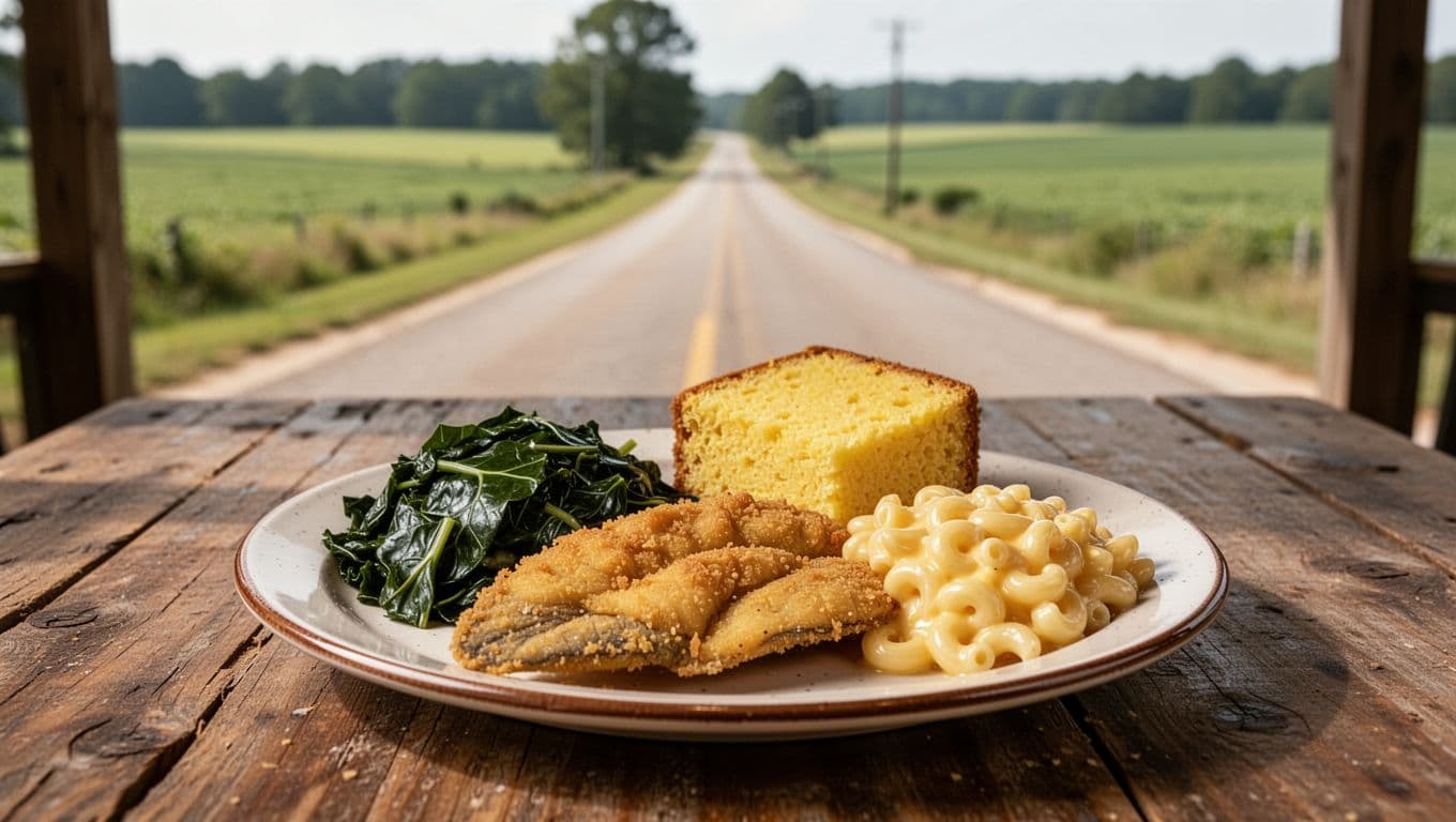 Plate of fried catfish, collards, cornbread, and mac on roadside cafe table overlooking rural Alabama road and green fields with top 'Soul Plates' banner.