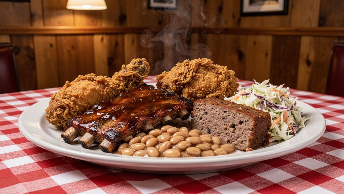 Plate of barbecue ribs, fried chicken, and meatloaf with sides of beans and slaw on checkered tablecloth in a Southern diner with warm wood panels and soft overhead lighting. Bold 'SOUTHERN BBQ' headline on green band at top.