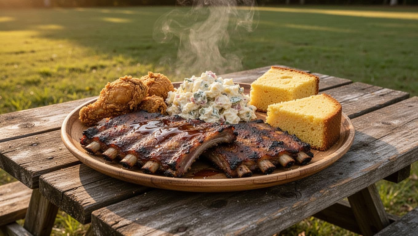 Photorealistic plate of barbecue ribs, fried chicken, potato salad, and cornbread on a rustic wooden picnic table at an outdoor Alabama barbecue joint, with green lawn background, golden hour sunlight, steam rising from food, and bold 'BBQ Bliss' headline.