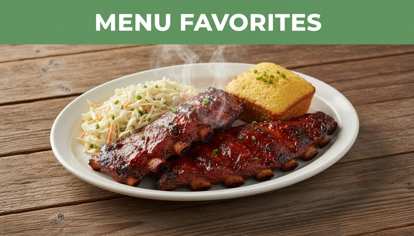 Central plate of steaming barbecue ribs, coleslaw, and cornbread on wooden table below green 'MENU FAVORITES' header band.