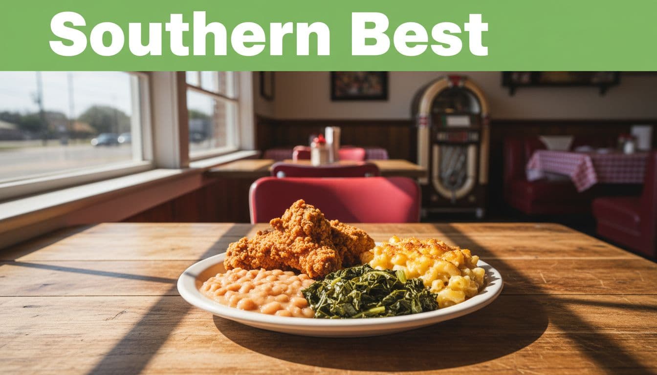 Plate of spicy fried chicken, butterbeans, collard greens, and mac and cheese on wooden table in cozy Southern diner, green 'Southern Best' band at top.
