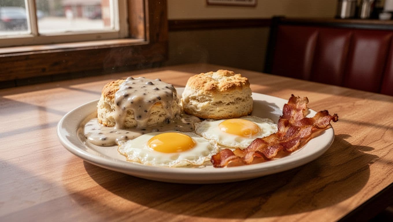 Breakfast plate with biscuits, gravy, eggs, and bacon on diner table under green 'Cafe Classic' banner.
