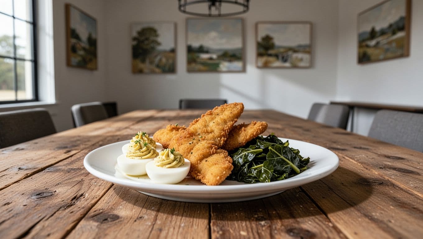 Elevated Southern plate featuring deviled eggs, fried catfish, and collard greens on a white plate, set on a rustic farm table in a modern dining room with soft natural light and local art. Bold branded editorial style with edge-to-edge #22C55E green band at top and 'SOUTHERN CLASSICS' overlay in high-contrast typography.