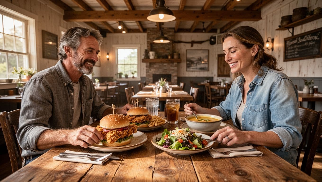 Rustic dining room with wooden tables set with fried chicken sandwiches, salads, soups; two relaxed diners under warm lighting, green 'Southern Comfort' headline band at top.