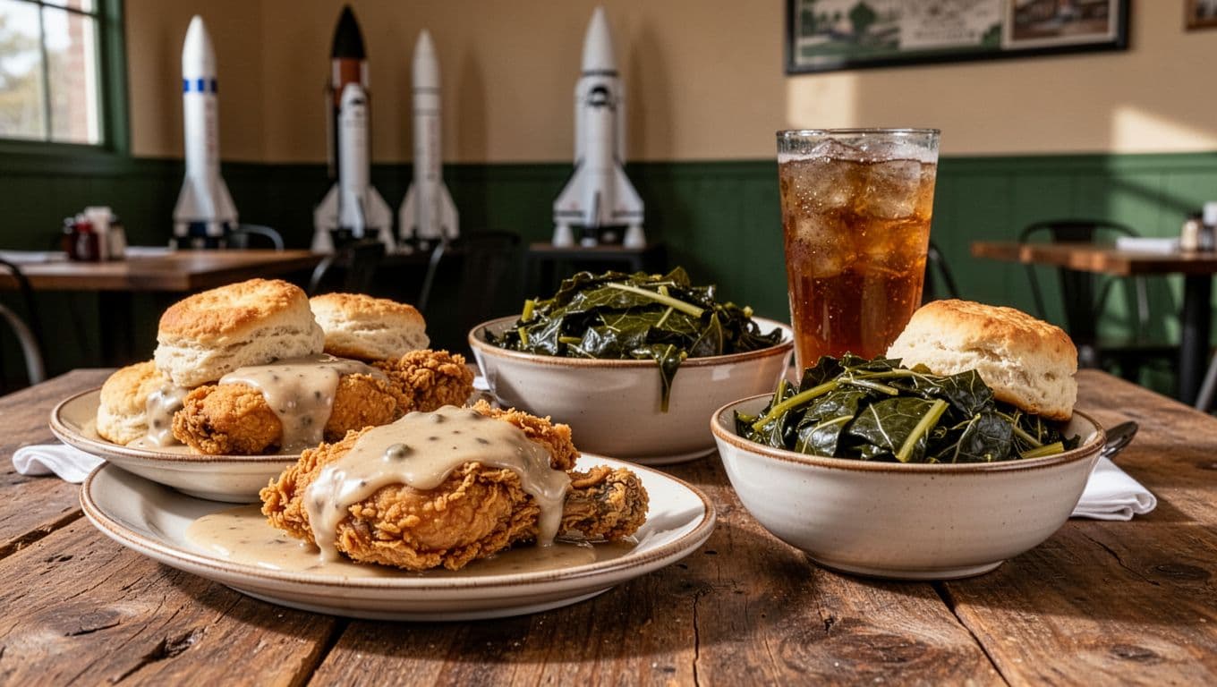 Photorealistic spread of Southern comfort food featuring fried chicken, biscuits with gravy, and collards on a wooden table in a cozy Huntsville Alabama-style restaurant with subtle rocket decor and natural daylight lighting.