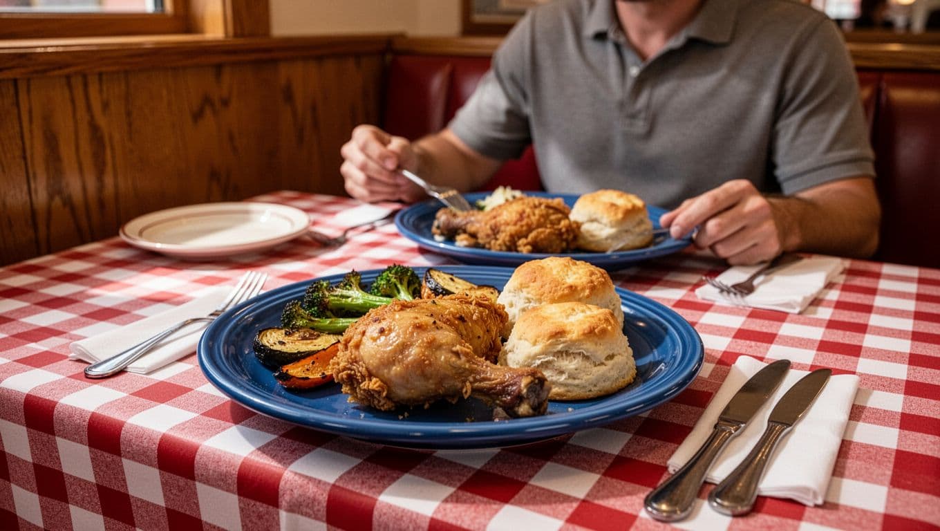 Cozy Southern diner in Dothan, Alabama, showcasing comfort food like fried chicken, vegetables, and biscuits on blue plates with a checkered tablecloth and one relaxed patron. Bold 'SOUTHERN COMFORT' headline in high-contrast green band, evoking homey atmosphere under soft lighting.