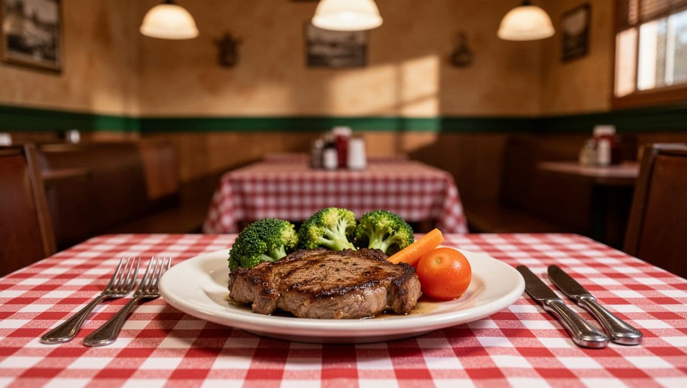 Southern diner interior shows single plate of meat and three vegetables on checkered tablecloth with green LOCAL FAVORITE banner at top.