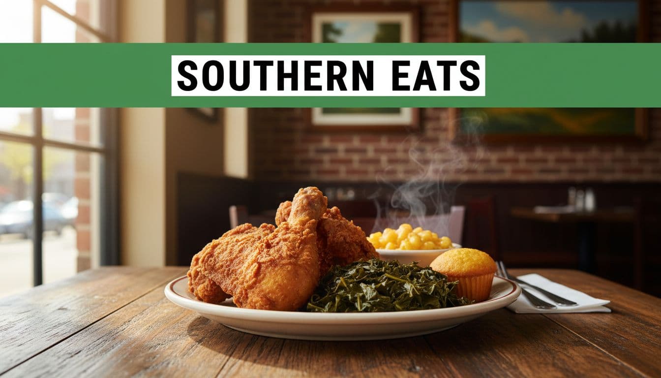 Steaming plate of fried chicken and collards on wooden table in cozy restaurant under green Southern Eats headline band.