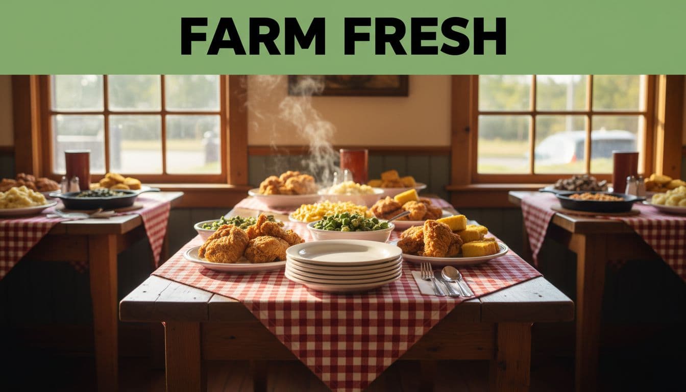 Empty wooden table with steaming fried chicken, okra, cornbread plates in cozy cafe, Farm Fresh banner at top.