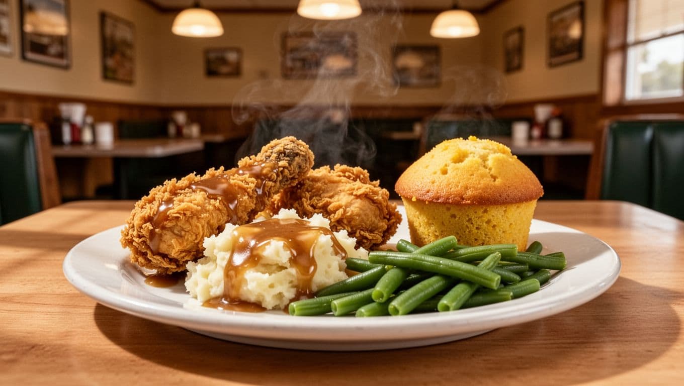 White plate with fried chicken pieces, mashed potatoes and gravy, buttered green beans, cornbread muffin on wooden diner table; green band above with 'Country Plates' headline.