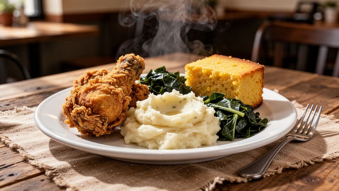 White plate with fried chicken, mashed potatoes, collard greens, cornbread, rising steam, fork beside on wooden tablecloth; green 'HOME COOKING' banner at top.