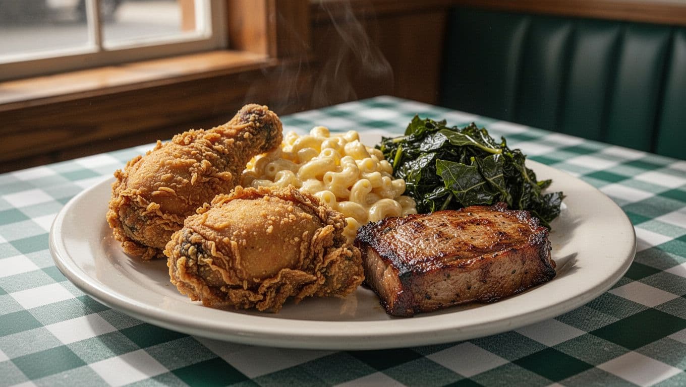 A photorealistic plate of Southern meat and three featuring fried chicken, mac and cheese, and collard greens on a checkered tablecloth in a cozy diner with warm window light and a bold 'Southern Plates' headline in a green band.