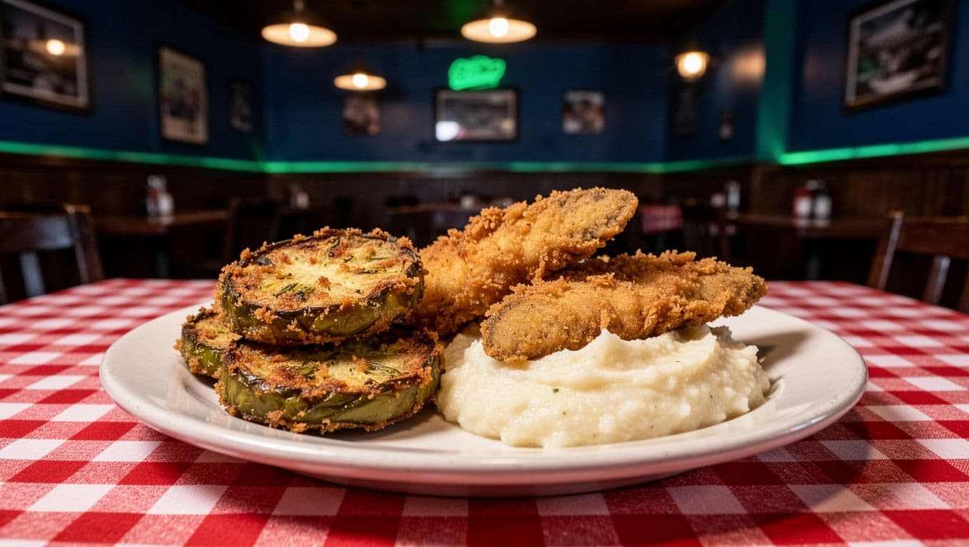 Southern comfort food plate featuring fried green tomatoes, catfish, and grits on a checkered tablecloth in a lively blues bar interior, centered medium shot with warm overhead lighting and bold 'Southern Eats' headline in green band.