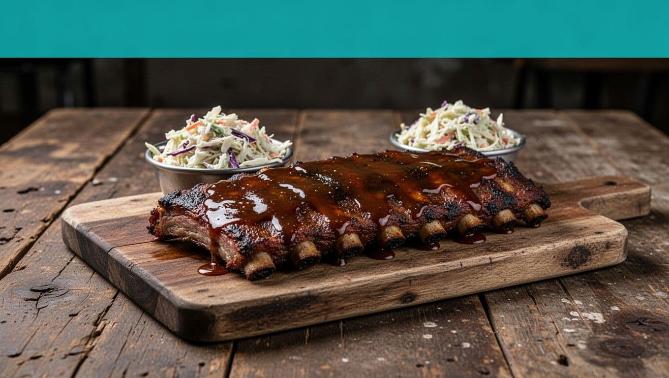 Green header band with 'Southern Ribs' above smoked ribs platter, sauce drizzle, and coleslaw on wooden board.