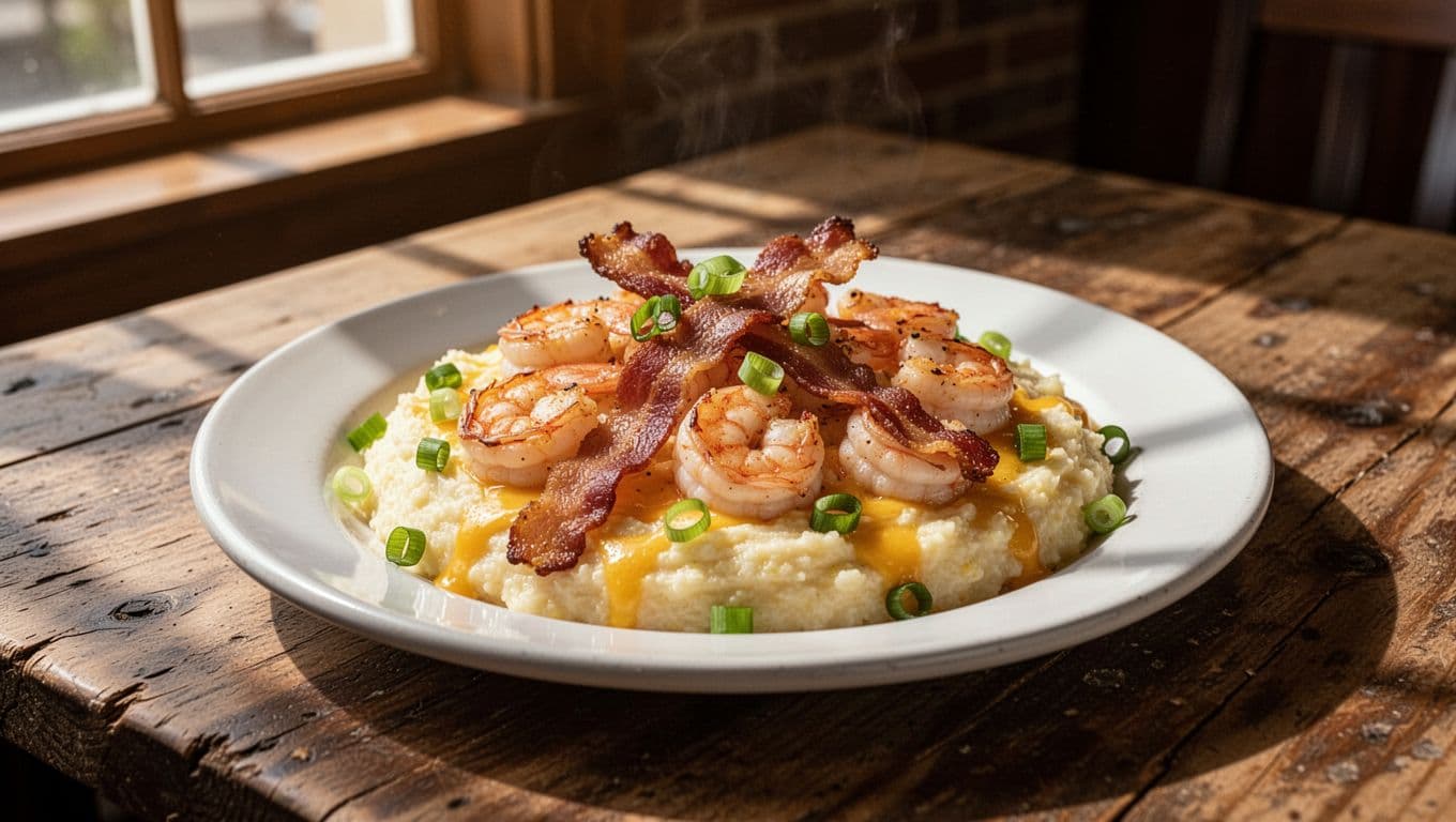 Vibrant plate of Southern shrimp and grits with bacon on a cheese grits base, garnished with green onions, centered on a rustic wooden table in a cozy restaurant with warm natural light. Top green band features 'Southern Classic' headline in bold typography.