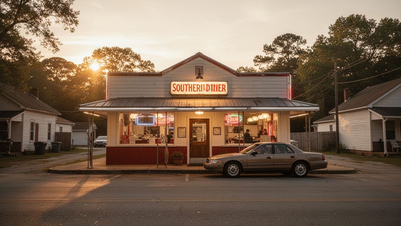 Exterior of Southern diner in small-town Alabama at golden hour with parked car, warm window lights, and top green 'SOUTHSIDE EATS' banner.