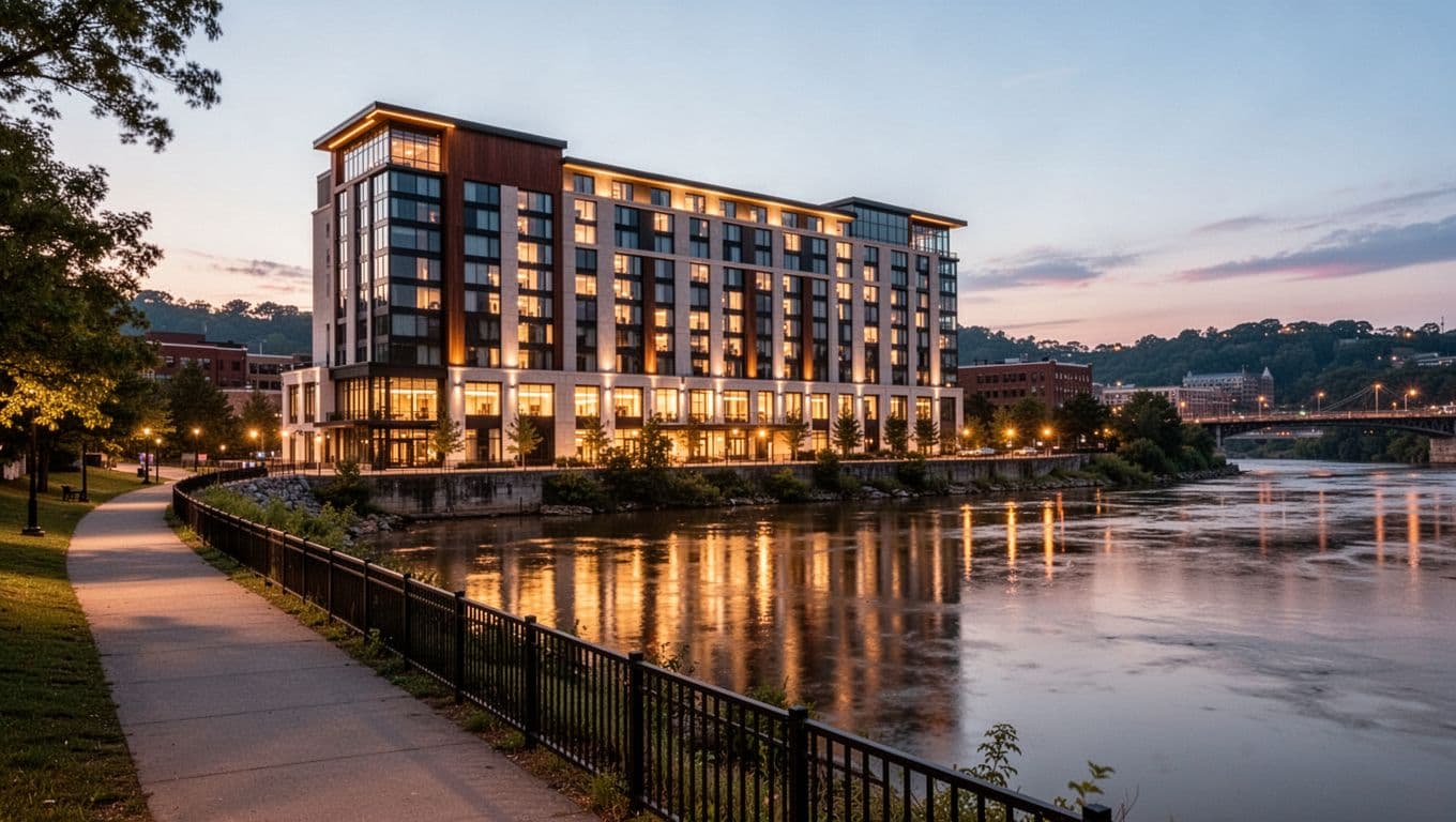 High-detail realistic photo of the modern SpringHill Suites hotel exterior on the Chattanooga riverfront at dusk, with the Tennessee River and walking path in the foreground, warm window lights, and bold 'Riverfront Suites' headline in green band.