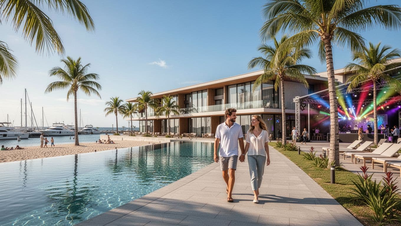 Modern exterior of SpringHill Suites hotel at The Wharf in Orange Beach, featuring resort pool, marina backdrop, palm trees, colorful lights, and sunny skies with one couple walking nearby.