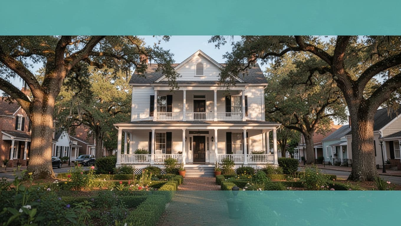 Charming two-story white historic house hotel in Springville, Alabama, with wraparound porch, garden, and nearby oak trees under a clear daytime sky. Bold 'Closest Option' headline in green band at top, photo-realistic with warm lighting.