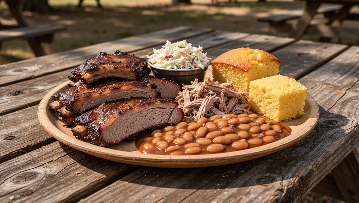 Platter of smoked ribs, brisket, pulled pork, coleslaw, baked beans, and cornbread on outdoor picnic table with green banner headline 'St Clair BBQ'.