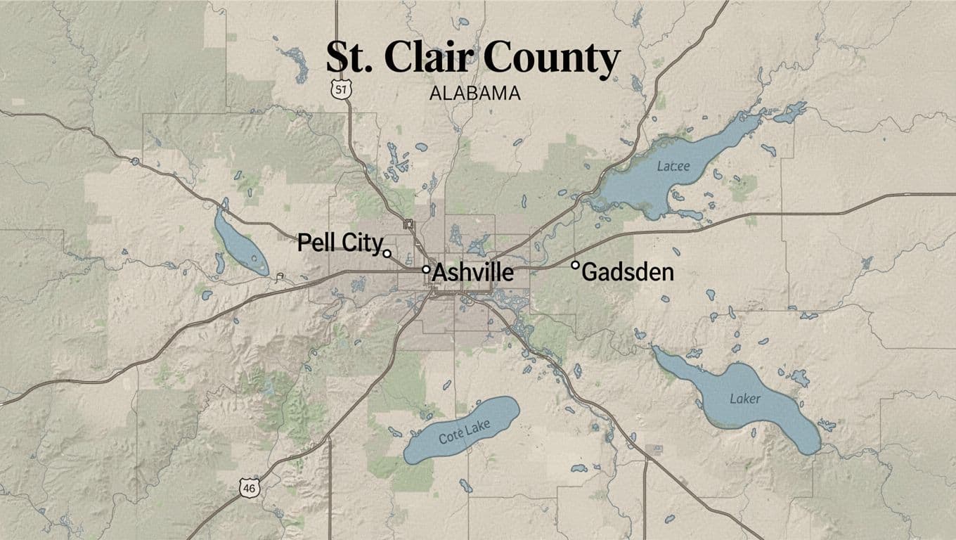 Simple illustrative overview map of St. Clair County, Alabama, showing Ashville's position relative to Pell City and Gadsden with subtle roads and lakes in neutral colors and green accents.