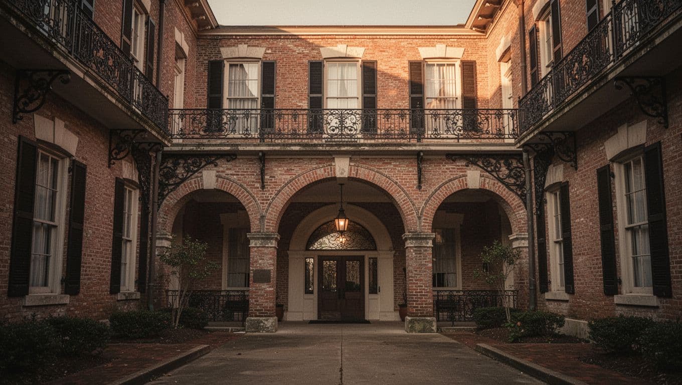St. James Hotel facade in Selma with courtyard entrance in evening light and green top band with hotel name.