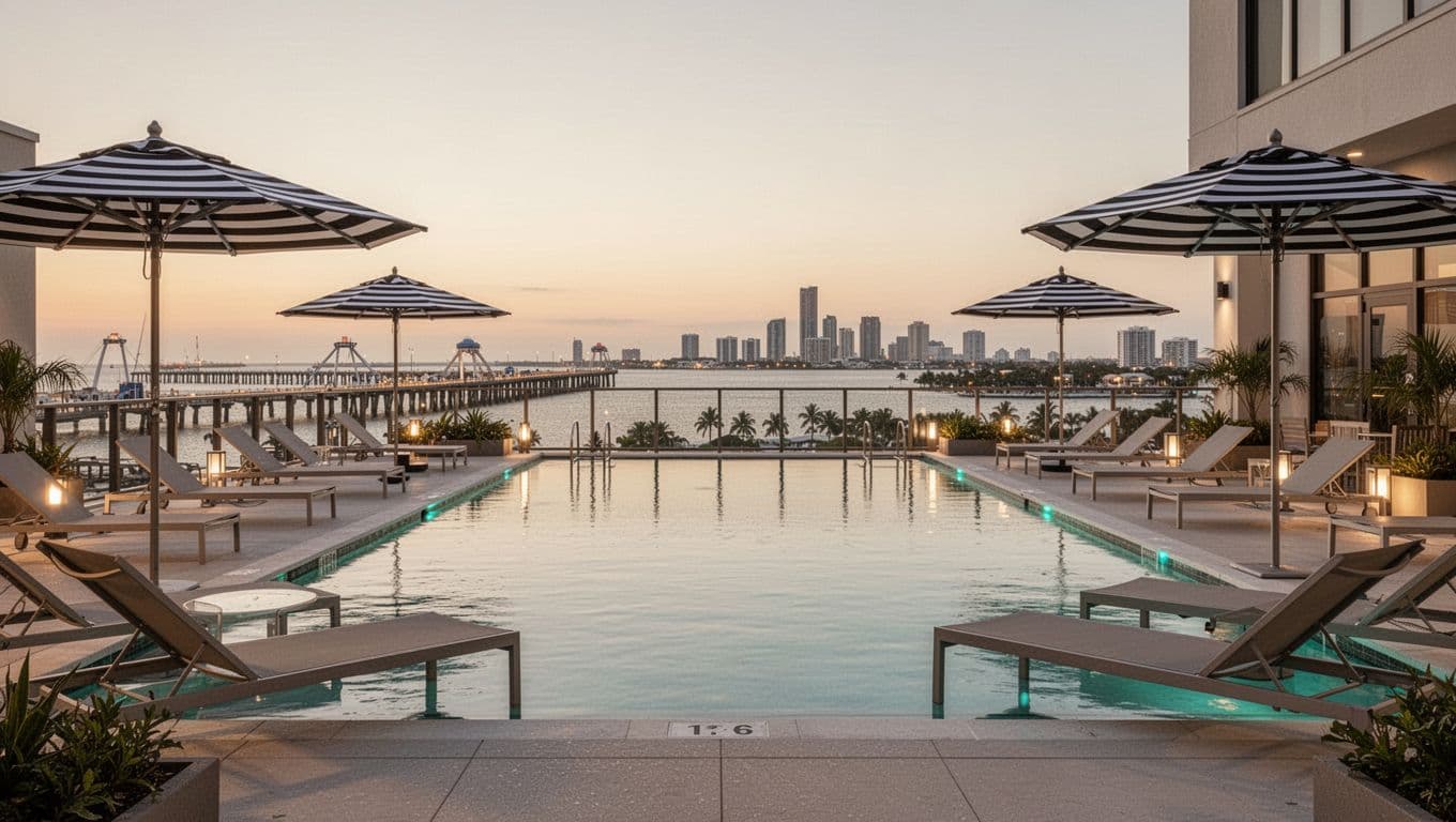 Modern mid-range hotel rooftop pool deck overlooking St. Pete Pier and Tampa Bay at dusk, featuring lounge chairs, umbrellas, reflective pool water, and city skyline in photorealistic style with warm golden hues.