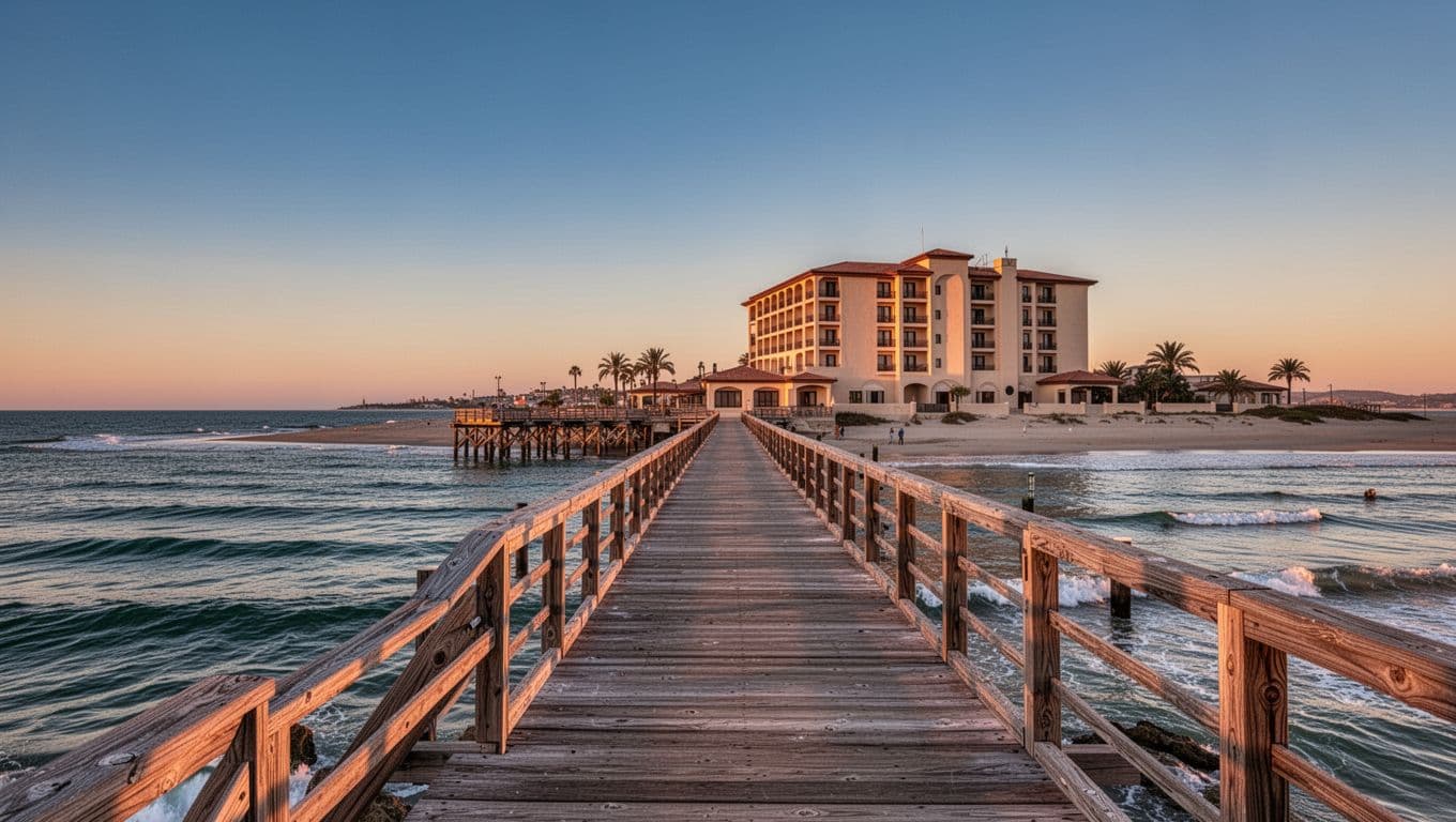 St Simons Island pier at sunset with a nearby beachfront hotel, gentle ocean waves in the foreground, clear blue sky fading to orange in warm golden hour lighting. Realistic photo style featuring exactly one pier and one midrise hotel, no people, text, watermarks, or logos.