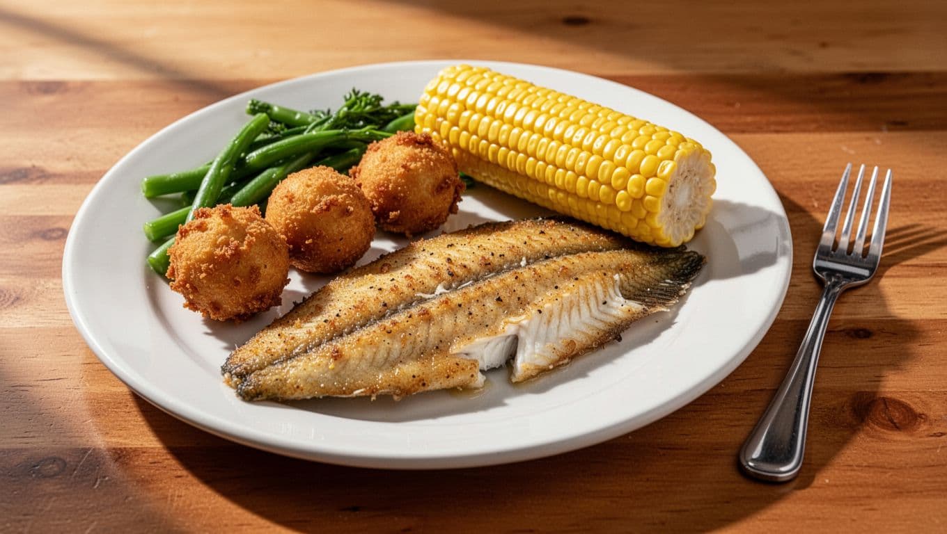 Closeup of catfish fillet, hushpuppies, greens, corn on cob on wooden table with fork beside, green band with 'Standout Dishes' headline above.